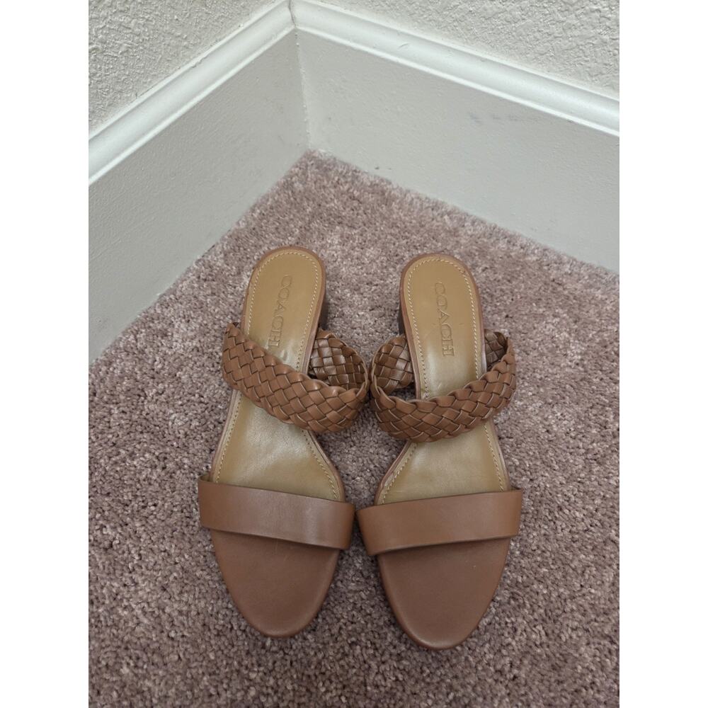 Coach Mia Soft Vegan Leather Woven Ankle Strap Brown Low Heel Sandals, Size 8.5 - Picture 3 of 8